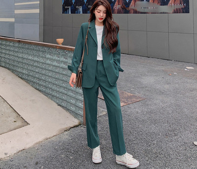 Egygombos női öltönyök, 2020. ősz, 2 db-os szett elegáns, tömör blézerek+vágott nadrágok, formális, hornyolt készletek, minden egyezés S15001X