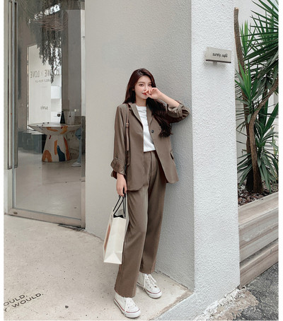 Egygombos női öltönyök, 2020. ősz, 2 db-os szett elegáns, tömör blézerek+vágott nadrágok, formális, hornyolt készletek, minden egyezés S15001X