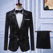 2023-as új, karcsú szabású terno masculino fekete jacquard virágos öltönyök férfi báli szmoking vőlegény szett 2 részes (blézer + nadrág) jelmez