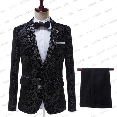 2023-as új, karcsú szabású terno masculino fekete jacquard virágos öltönyök férfi báli szmoking vőlegény szett 2 részes (blézer + nadrág) jelmez