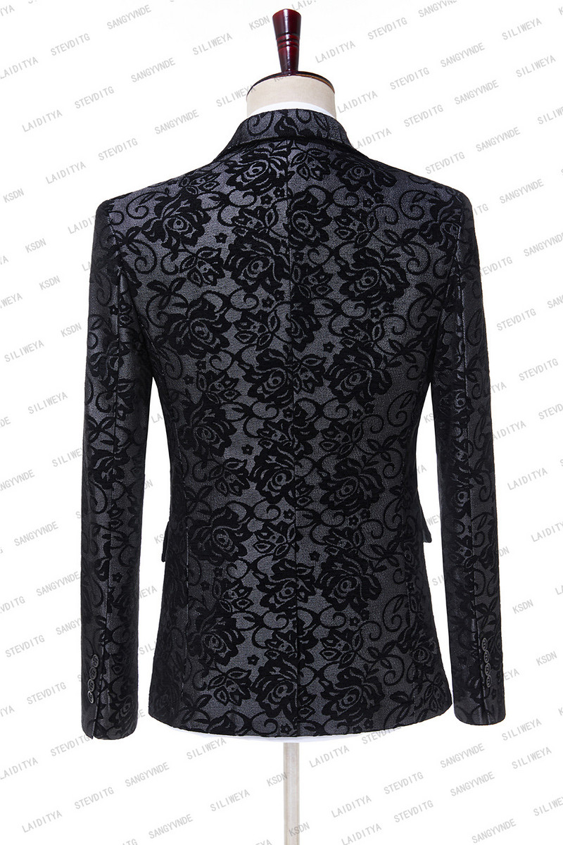 2023-as új, karcsú szabású terno masculino fekete jacquard virágos öltönyök férfi báli szmoking vőlegény szett 2 részes (blézer + nadrág) jelmez