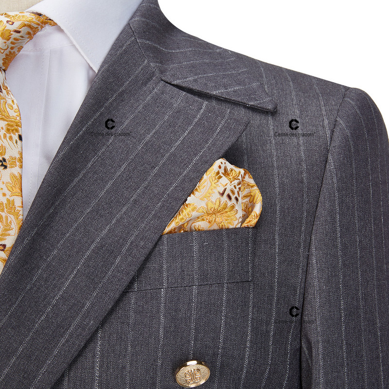 Cenne Des Graoom új, kétsoros, csíkos férfi öltönyök, szürke blézer nadrág 2 részes, aranygombos klasszikus esküvői vőlegény