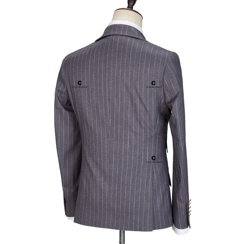 Cenne Des Graoom új, kétsoros, csíkos férfi öltönyök, szürke blézer nadrág 2 részes, aranygombos klasszikus esküvői vőlegény