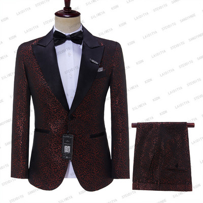2023-as új érkezés piros fekete jacquard szmoking öltöny férfiaknak esküvői karcsú szabású úri dzsekik nadrággal 2 részes férfi jelmez