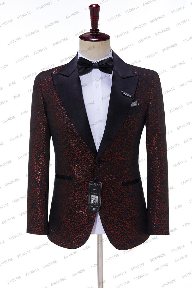 2023-as új érkezés piros fekete jacquard szmoking öltöny férfiaknak esküvői karcsú szabású úri dzsekik nadrággal 2 részes férfi jelmez
