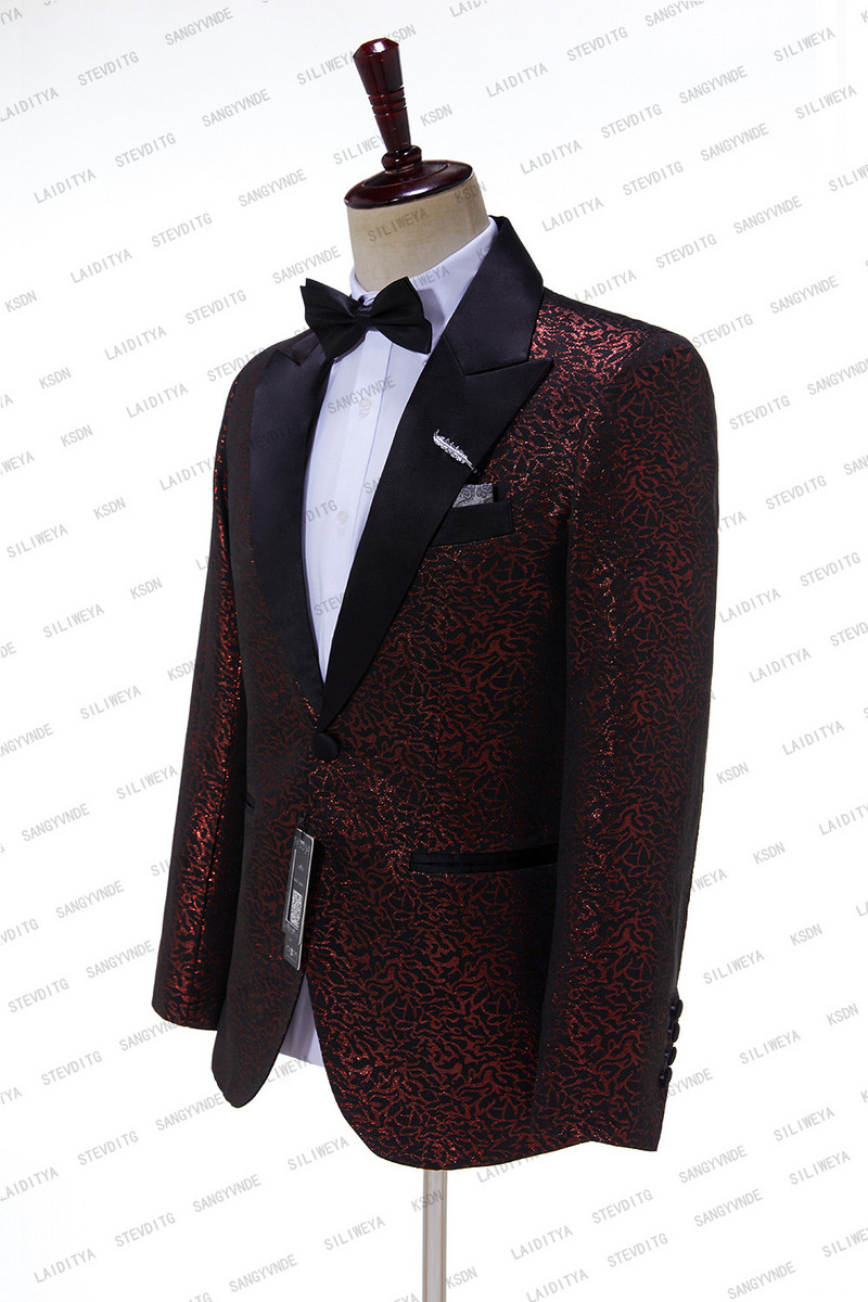 2023-as új érkezés piros fekete jacquard szmoking öltöny férfiaknak esküvői karcsú szabású úri dzsekik nadrággal 2 részes férfi jelmez