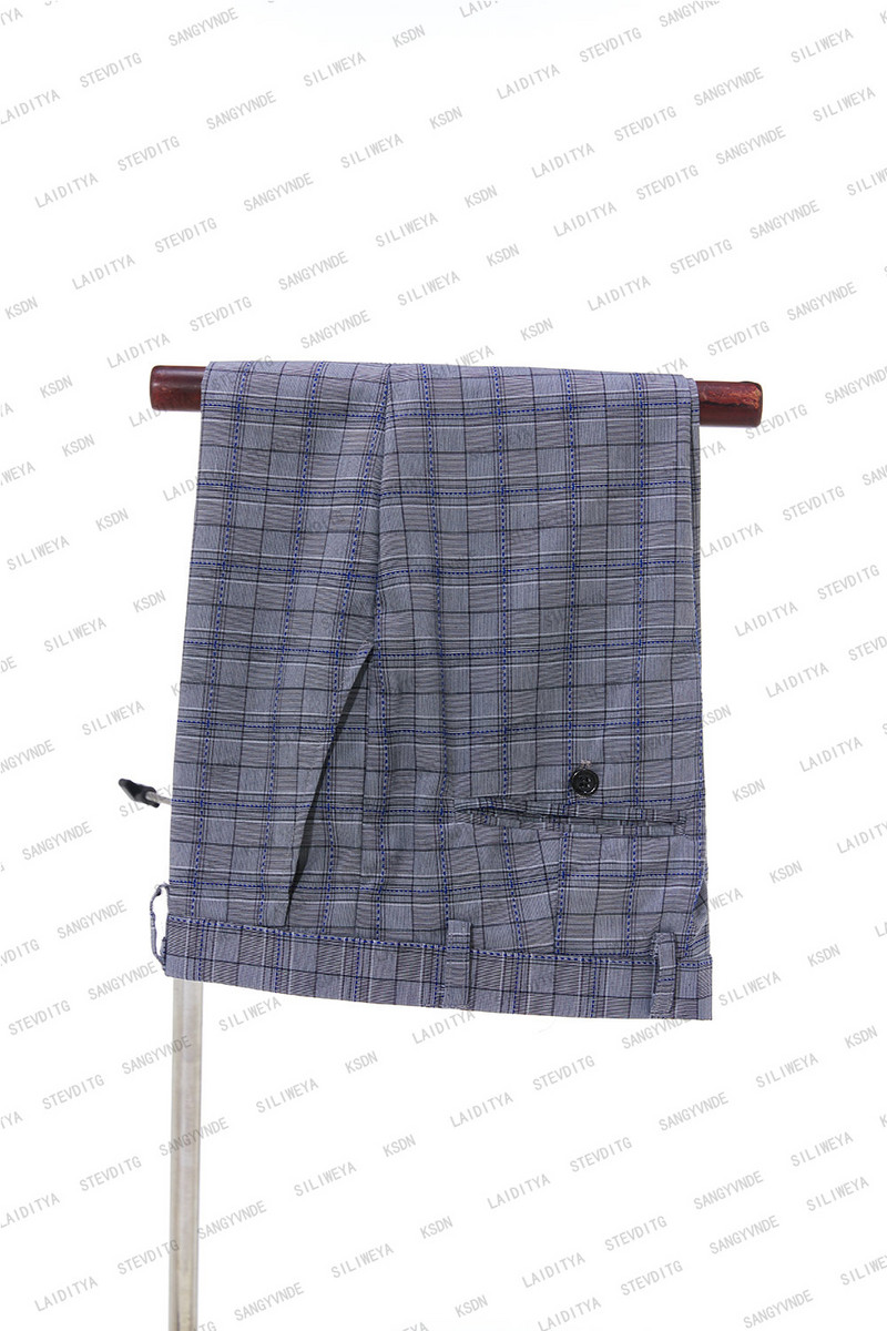 2023-as férfi szürke, kék kockás üzleti blézer kabát nadrág, csúcskategóriás esküvői vőlegény öltöny, 2 részes készletek kabát nadrág nagy méret