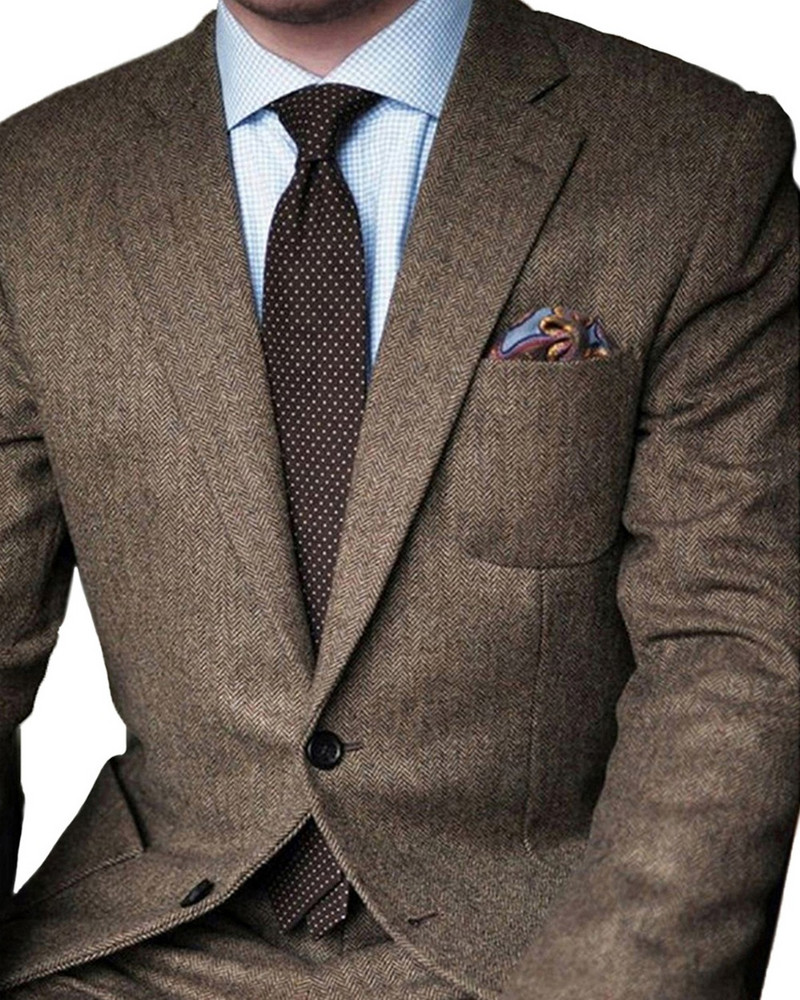 2022 Klasszikus barna halszálkás üzleti férfi öltönyök nadrággal Férfi vőlegény esküvői karcsú öltöny parti jelmez házi szmoking