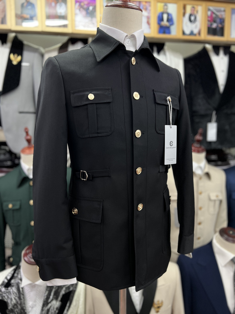 Cenne Des Graoom Safari Férfi öltönyök Arany gombos, négyzet alakú gallér, testre szabott formális alkalmi üzleti viselet Ropa Hombre fekete