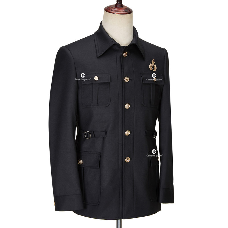 Cenne Des Graoom Safari Férfi öltönyök Arany gombos, négyzet alakú gallér, testre szabott formális alkalmi üzleti viselet Ropa Hombre fekete