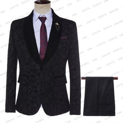 2023 új divat férfi alkalmi üzleti öltöny fekete virágmintás bársony hajtóka 2 részes készlet férfi blézer nadrág Terno Masculino