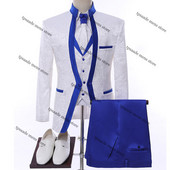 Fehér királykék felni színpadi ruházat férfi öltöny blézer szett férfi esküvői öltöny jelmez vőlegény szmoking formális 3 részes férfi ruhák