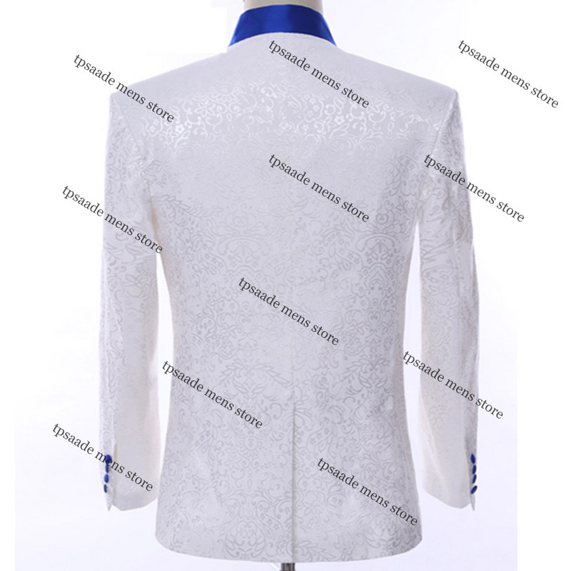 Fehér királykék felni színpadi ruházat férfi öltöny blézer szett férfi esküvői öltöny jelmez vőlegény szmoking formális 3 részes férfi ruhák