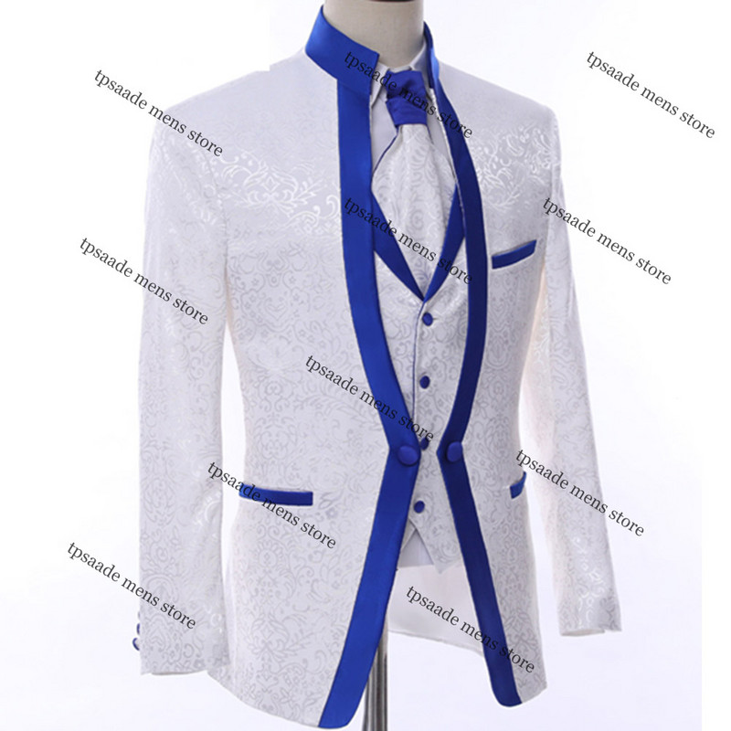 Fehér királykék felni színpadi ruházat férfi öltöny blézer szett férfi esküvői öltöny jelmez vőlegény szmoking formális 3 részes férfi ruhák