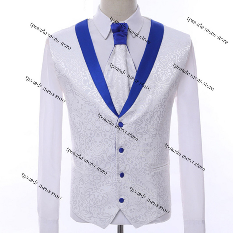 Fehér királykék felni színpadi ruházat férfi öltöny blézer szett férfi esküvői öltöny jelmez vőlegény szmoking formális 3 részes férfi ruhák