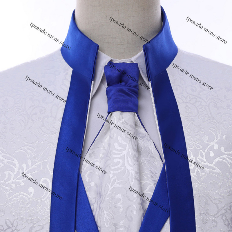 Fehér királykék felni színpadi ruházat férfi öltöny blézer szett férfi esküvői öltöny jelmez vőlegény szmoking formális 3 részes férfi ruhák