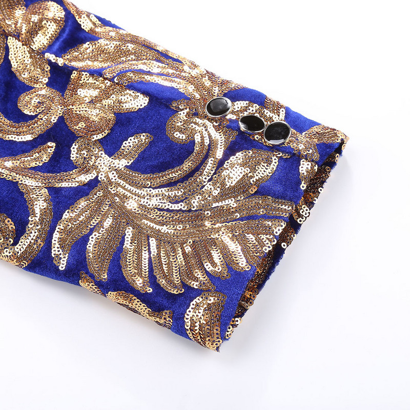 Európai méretű (blézer + nadrág) férfi öltöny divat Kiváló kék bársony arany flitteres öltöny esküvői vőlegény ruha 2 részes szett