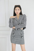 2 részes szettek Női blézerek Szexi Crop felsők Mini szoknya Vintage Houndstooth Plaid Elegáns női ruhák Japán koreai ruhák