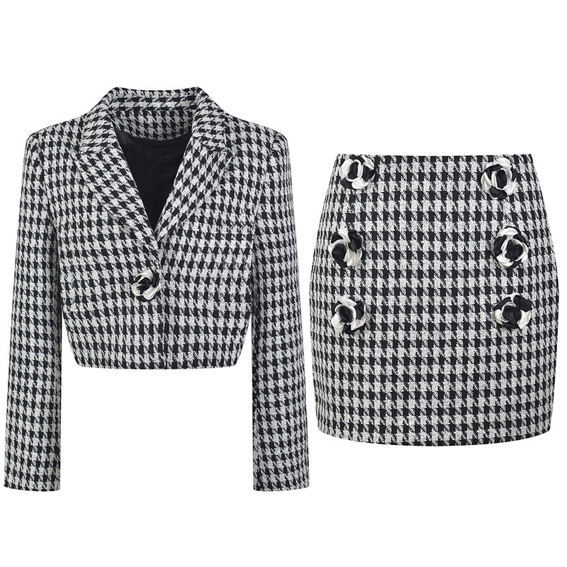 2 részes szettek Női blézerek Szexi Crop felsők Mini szoknya Vintage Houndstooth Plaid Elegáns női ruhák Japán koreai ruhák