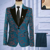 2023 Új 2 db-os szett kabát nadrág divat új férfi öltönyök kék piros jacquard fekete bársony hajtóka Alkalmi üzleti karcsú vőlegény formális