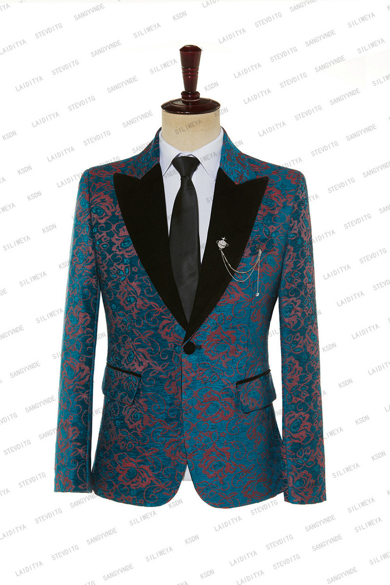 2023 Új 2 db-os szett kabát nadrág divat új férfi öltönyök kék piros jacquard fekete bársony hajtóka Alkalmi üzleti karcsú vőlegény formális