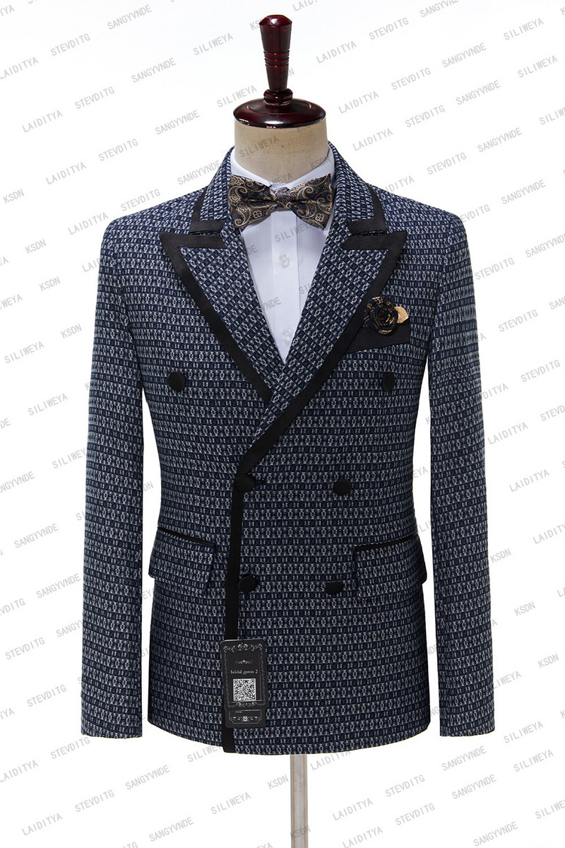 2023-as új érkezés, kék kockás mintás férfi öltönyök, dupla mellű, legújabb tervezésű vőlegény esküvői szmokingok, 2 darabos kosztüm