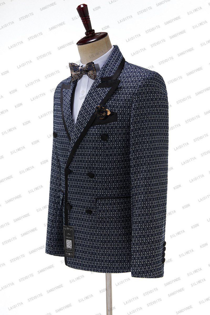 2023-as új érkezés, kék kockás mintás férfi öltönyök, dupla mellű, legújabb tervezésű vőlegény esküvői szmokingok, 2 darabos kosztüm