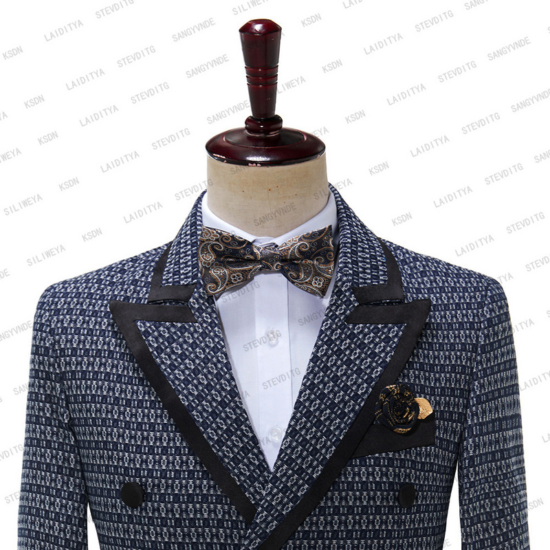 2023-as új érkezés, kék kockás mintás férfi öltönyök, dupla mellű, legújabb tervezésű vőlegény esküvői szmokingok, 2 darabos kosztüm