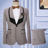 2023 új férfi esküvői parti nyáron 2 db szett Khaki vászon Reto klasszikus kockás fekete kendő hajtóka dzseki nadrág divat karcsú öltöny