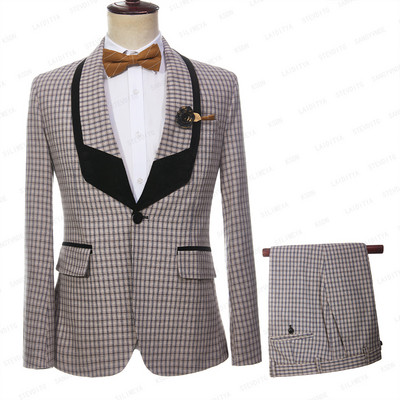 2023 új férfi esküvői parti nyáron 2 db szett Khaki vászon Reto klasszikus kockás fekete kendő hajtóka dzseki nadrág divat karcsú öltöny