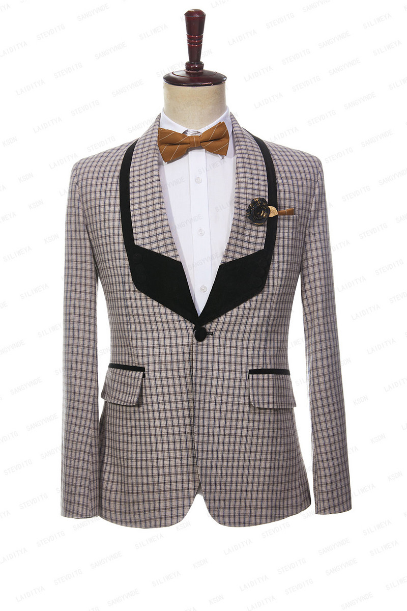 2023 új férfi esküvői parti nyáron 2 db szett Khaki vászon Reto klasszikus kockás fekete kendő hajtóka dzseki nadrág divat karcsú öltöny