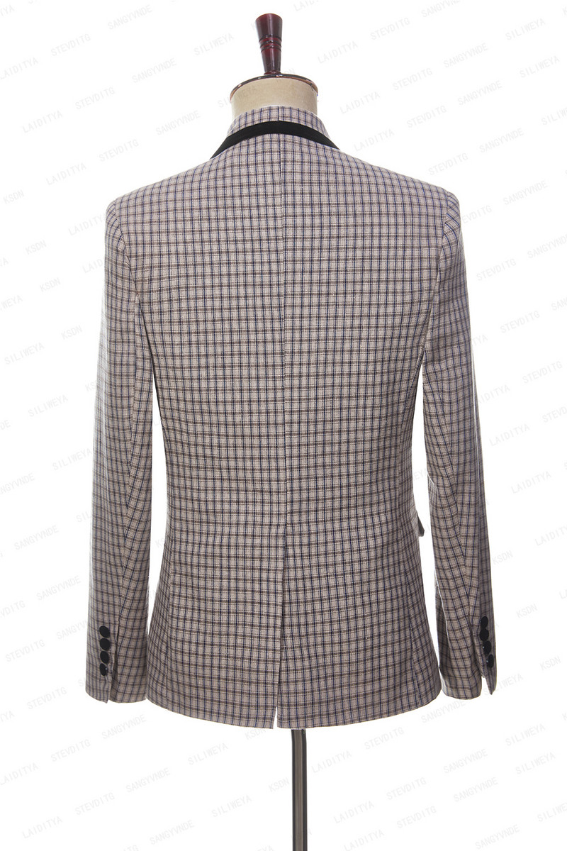 2023 új férfi esküvői parti nyáron 2 db szett Khaki vászon Reto klasszikus kockás fekete kendő hajtóka dzseki nadrág divat karcsú öltöny