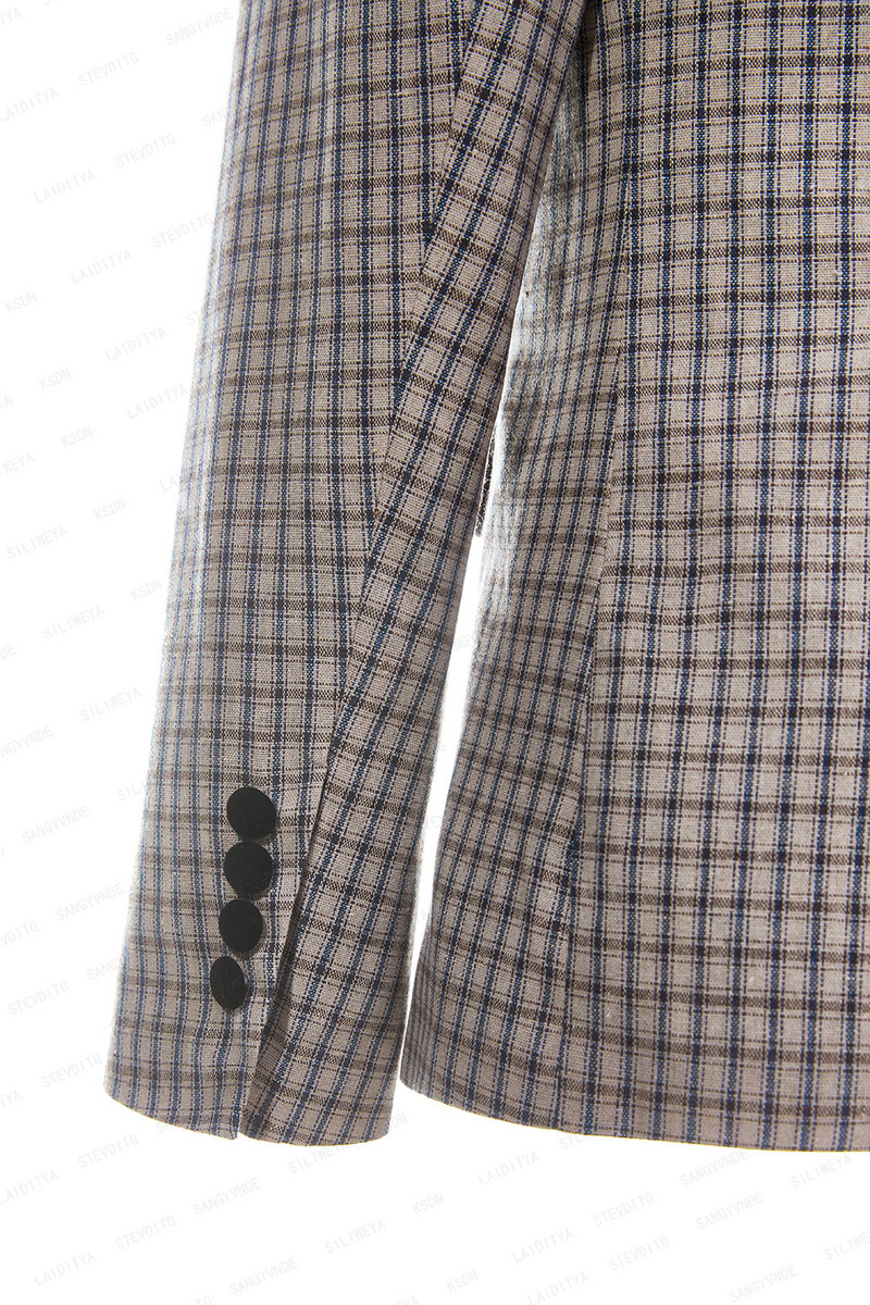 2023 új férfi esküvői parti nyáron 2 db szett Khaki vászon Reto klasszikus kockás fekete kendő hajtóka dzseki nadrág divat karcsú öltöny