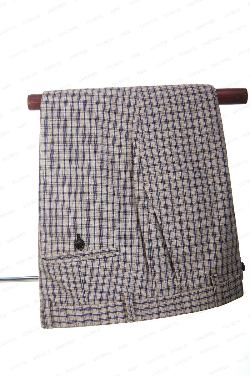 2023 új férfi esküvői parti nyáron 2 db szett Khaki vászon Reto klasszikus kockás fekete kendő hajtóka dzseki nadrág divat karcsú öltöny