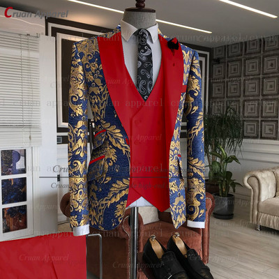 Legújabb arany virágmintás férfi öltönyök 3db Testre szabott luxus esküvői vőlegény öltöny parti vacsora blézer mellény nadrág szmoking