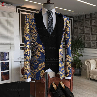 Legújabb arany virágmintás férfi öltönyök 3db Testre szabott luxus esküvői vőlegény öltöny parti vacsora blézer mellény nadrág szmoking