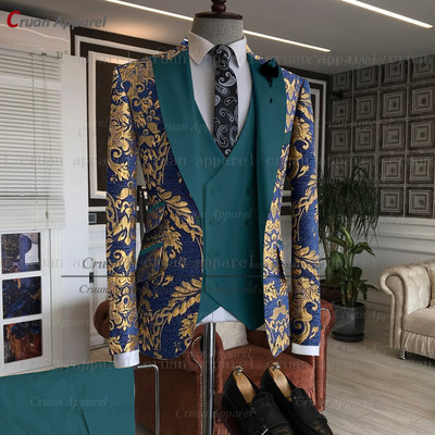 Legújabb arany virágmintás férfi öltönyök 3db Testre szabott luxus esküvői vőlegény öltöny parti vacsora blézer mellény nadrág szmoking