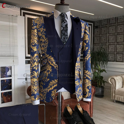 Legújabb arany virágmintás férfi öltönyök 3db Testre szabott luxus esküvői vőlegény öltöny parti vacsora blézer mellény nadrág szmoking