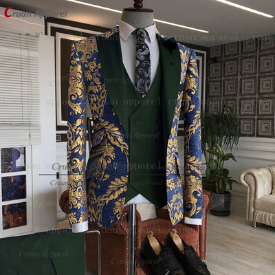 Legújabb arany virágmintás férfi öltönyök 3db Testre szabott luxus esküvői vőlegény öltöny parti vacsora blézer mellény nadrág szmoking