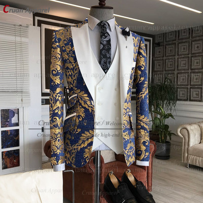 Legújabb arany virágmintás férfi öltönyök 3db Testre szabott luxus esküvői vőlegény öltöny parti vacsora blézer mellény nadrág szmoking