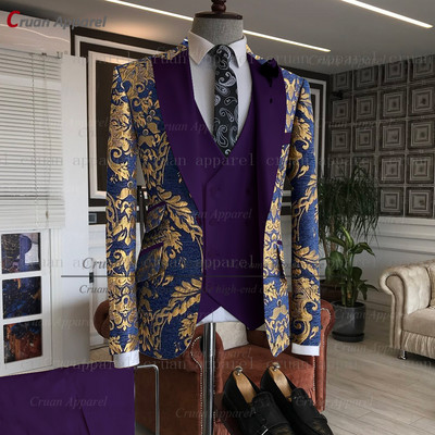Legújabb arany virágmintás férfi öltönyök 3db Testre szabott luxus esküvői vőlegény öltöny parti vacsora blézer mellény nadrág szmoking