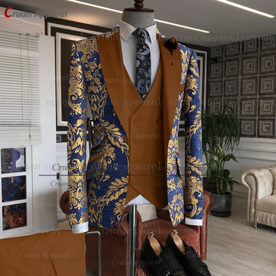 Legújabb arany virágmintás férfi öltönyök 3db Testre szabott luxus esküvői vőlegény öltöny parti vacsora blézer mellény nadrág szmoking