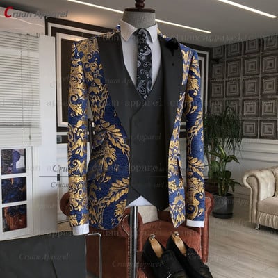 Legújabb arany virágmintás férfi öltönyök 3db Testre szabott luxus esküvői vőlegény öltöny parti vacsora blézer mellény nadrág szmoking