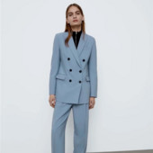 Női egyszerű irodai blézer, kétrészes szett, új, egyszínű, kétsoros, hétköznapi ingázási blézer + magas derekú, egyenes nadrágkosztüm