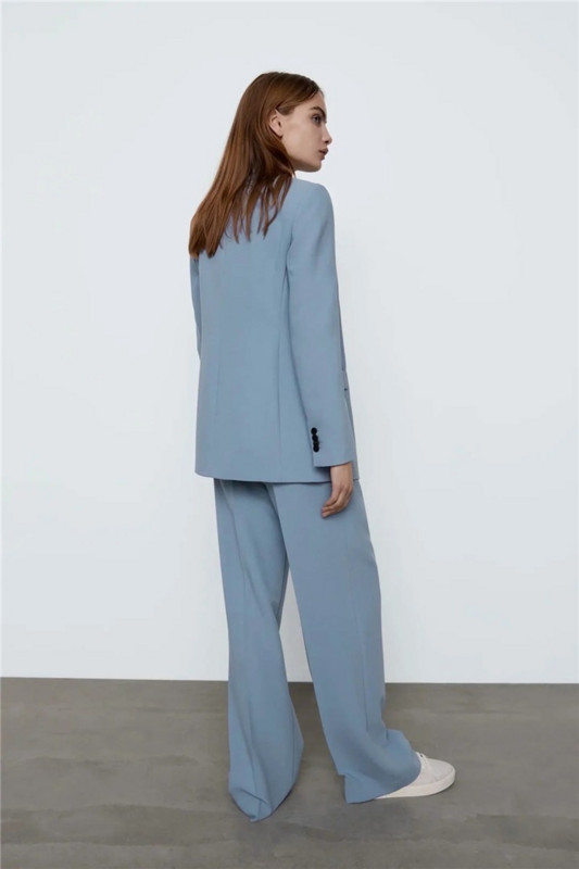 Női egyszerű irodai blézer, kétrészes szett, új, egyszínű, kétsoros, hétköznapi ingázási blézer + magas derekú, egyenes nadrágkosztüm