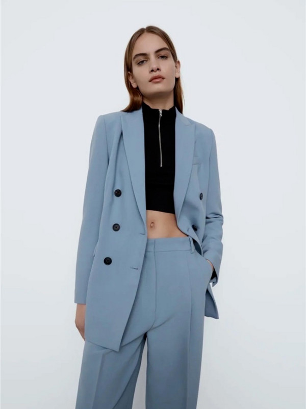 Női egyszerű irodai blézer, kétrészes szett, új, egyszínű, kétsoros, hétköznapi ingázási blézer + magas derekú, egyenes nadrágkosztüm