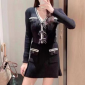 Márka őszi tavaszi női sztreccs kötött kétrészes szettek csíkos hosszú ujjú V-nyakú kardigán pulóver felsők vékony szoknya fekete elegáns OL