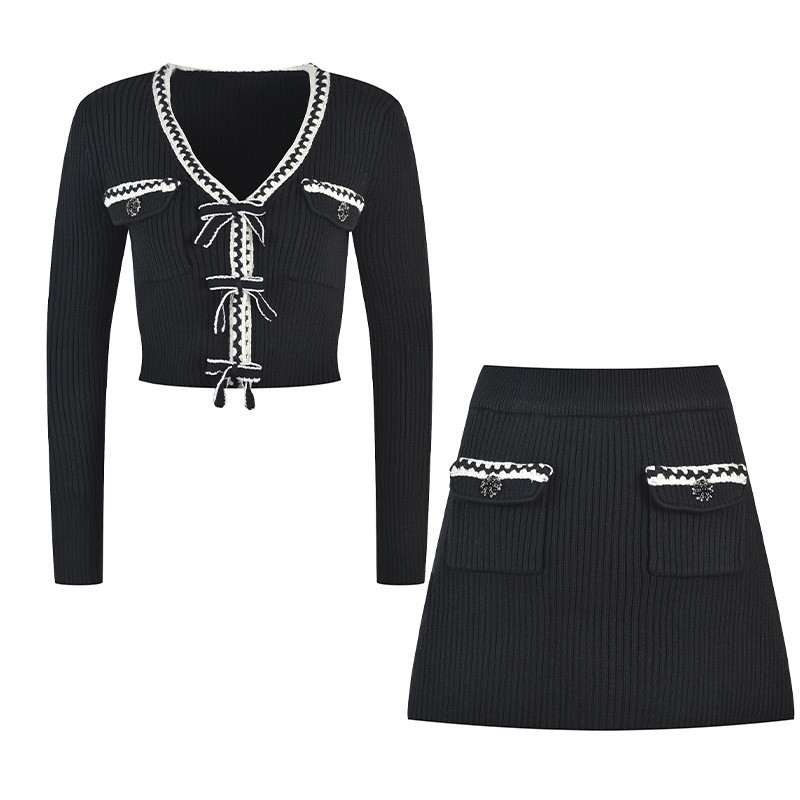 Márka őszi tavaszi női sztreccs kötött kétrészes szettek csíkos hosszú ujjú V-nyakú kardigán pulóver felsők vékony szoknya fekete elegáns OL