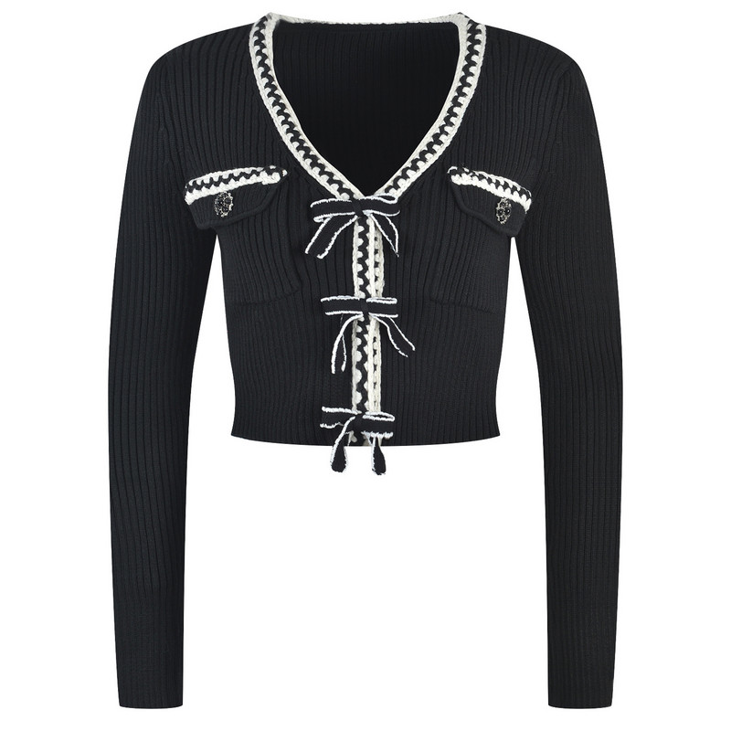 Márka őszi tavaszi női sztreccs kötött kétrészes szettek csíkos hosszú ujjú V-nyakú kardigán pulóver felsők vékony szoknya fekete elegáns OL