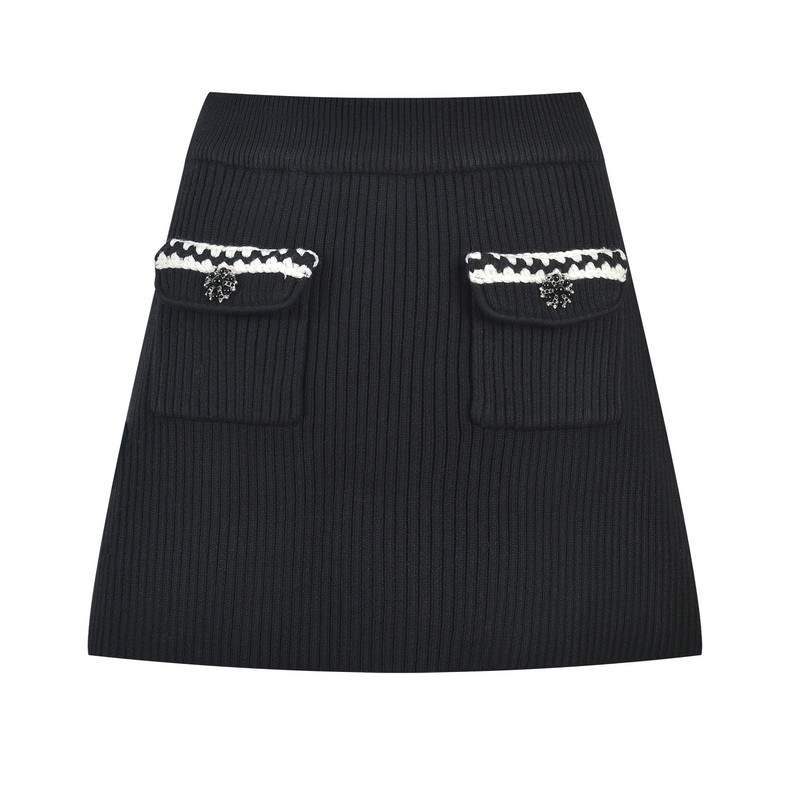 Márka őszi tavaszi női sztreccs kötött kétrészes szettek csíkos hosszú ujjú V-nyakú kardigán pulóver felsők vékony szoknya fekete elegáns OL